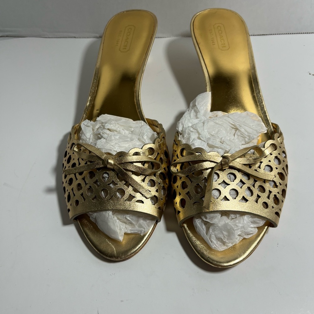 - Gold Coach Izabel laser cut leather kitten heel slides size 9